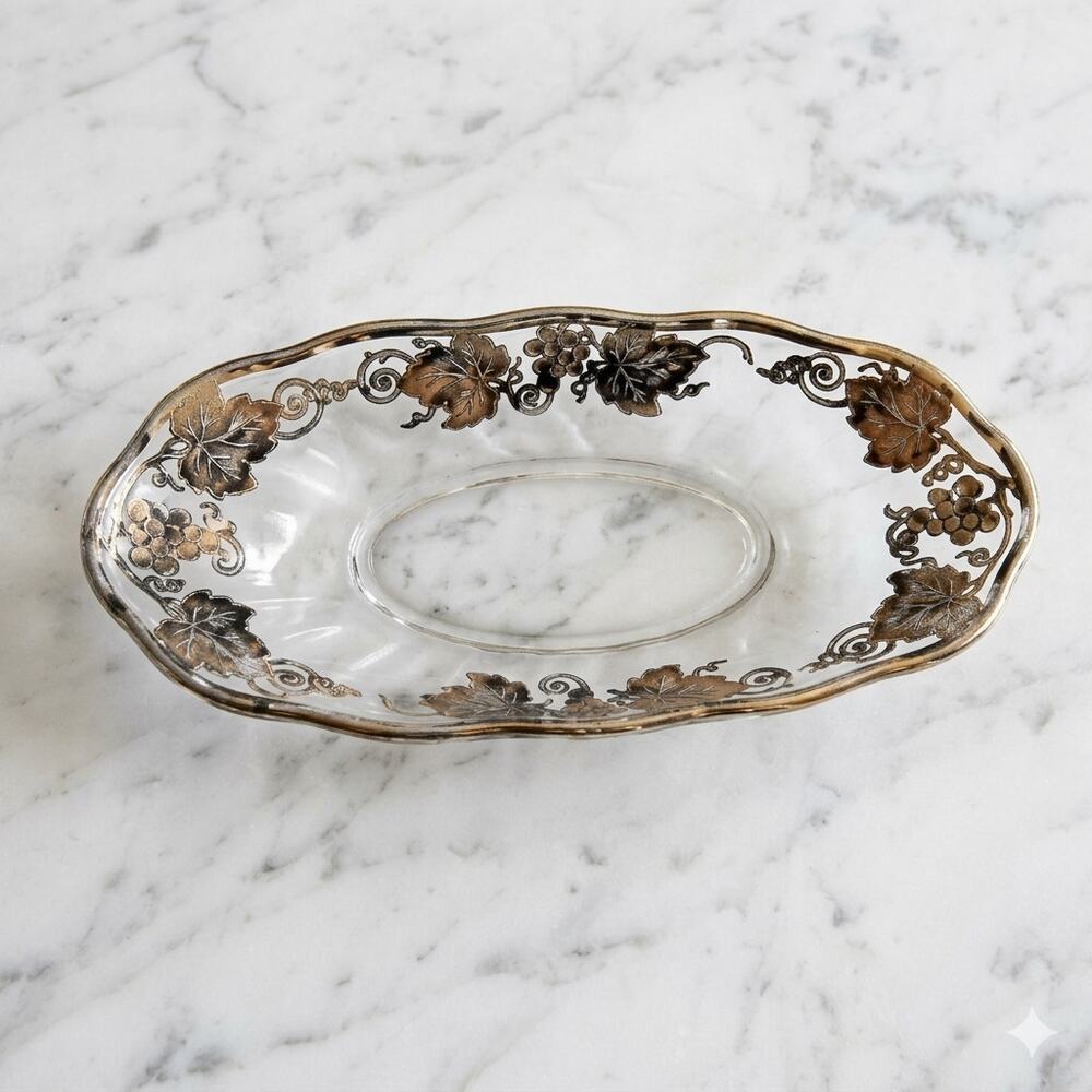Vintage Silver Overlay Glass Relish Dish Grape Vine Design 9"